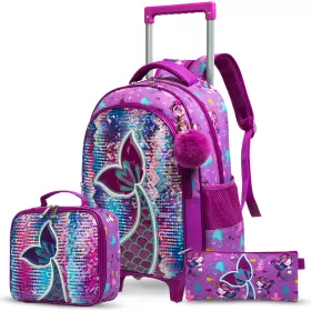 Eazy Kids-16" Set of 3 Trolley School Bag Lunch Bag & Pencil Case Mermaid-Purple