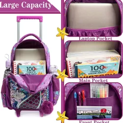 Eazy Kids-16" Set of 3 Trolley School Bag Lunch Bag & Pencil Case Mermaid-Purple