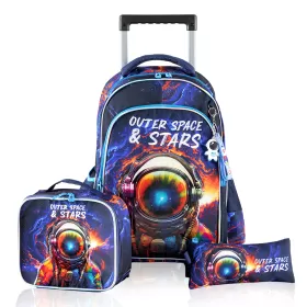 Eazy Kids 16Inch Set of 3 Trolley School Bag with Lunch Bag and Pencil Case Outer Space - Blue