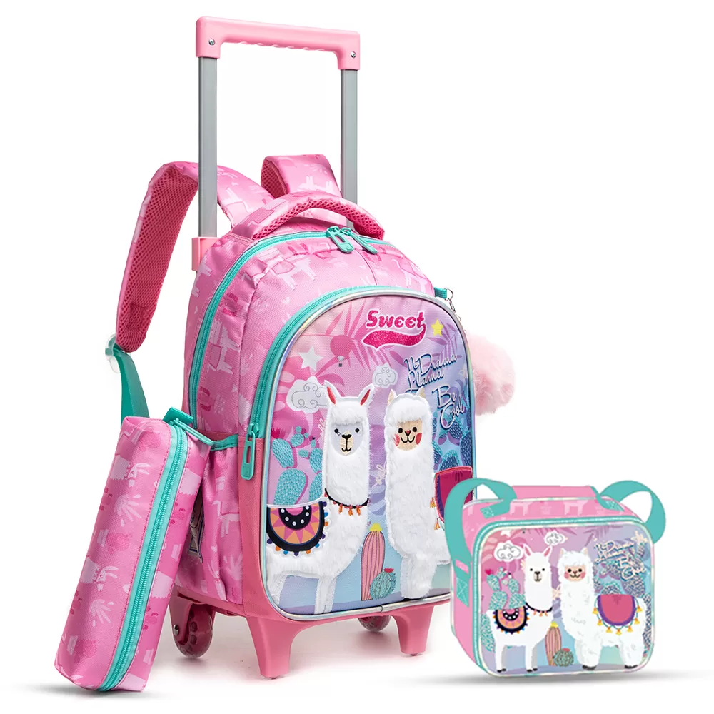 Eazy Kids 16Inch Set of 3 Trolley School Bag with Lunch Bag and Pencil Case Lama - Pink