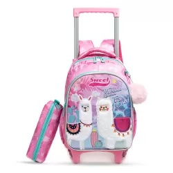 Eazy Kids 16Inch Set of 3 Trolley School Bag with Lunch Bag and Pencil Case Lama - Pink