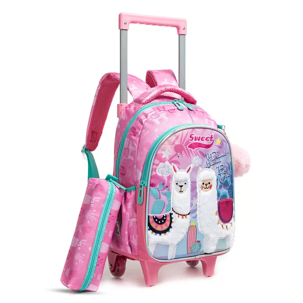 Eazy Kids 16Inch Set of 3 Trolley School Bag with Lunch Bag and Pencil Case Lama - Pink