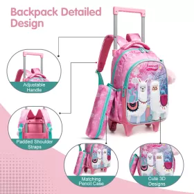 Eazy Kids 16Inch Set of 3 Trolley School Bag with Lunch Bag and Pencil Case Lama - Pink