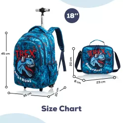 Eazy Kids-18" Set of 3 Trolley School Bag Lunch Bag & Pencil Case Trex Dinosaur-Blue