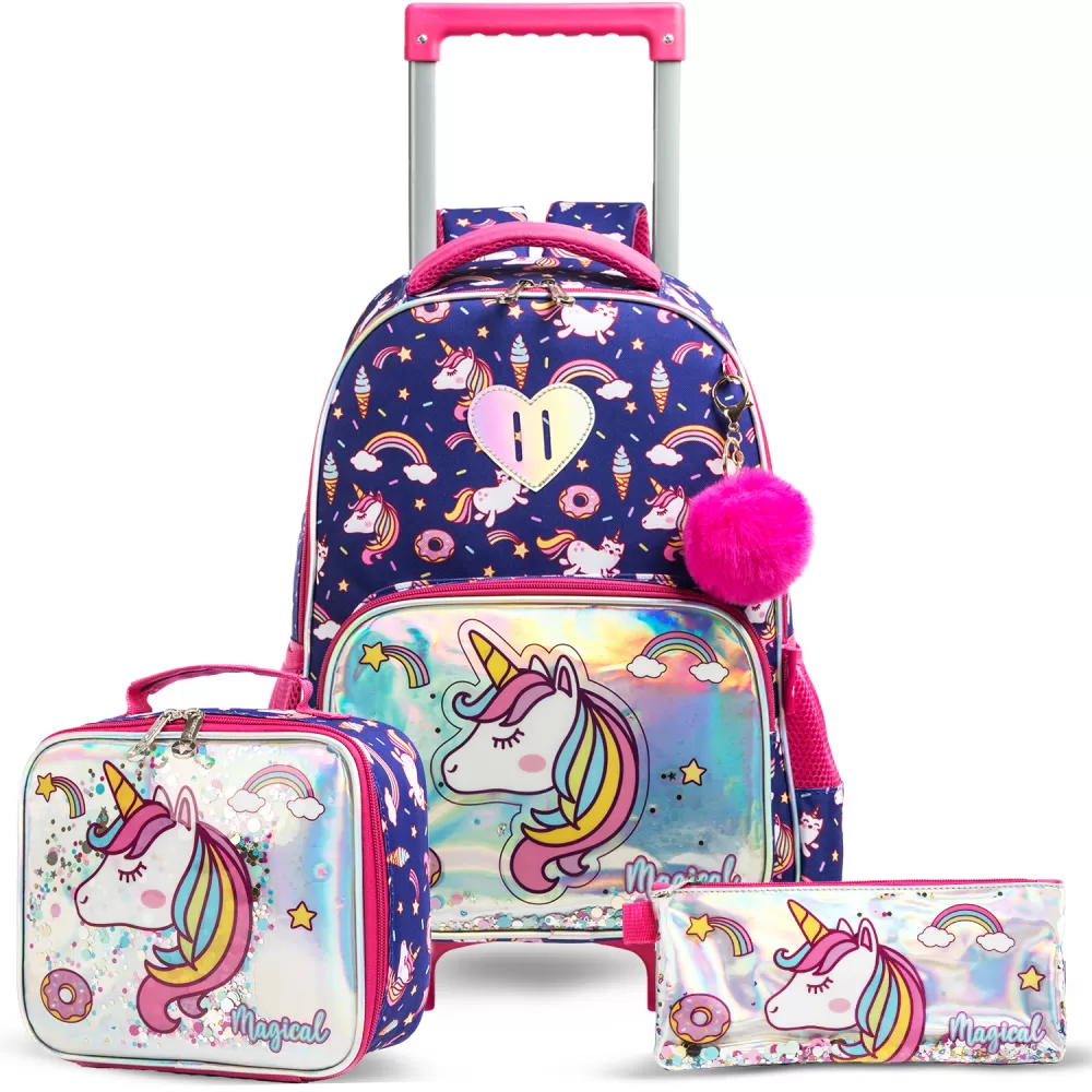 Eazy Kids-16" Set of 3 Trolley School Bag Lunch Bag & Pencil Case Unicorn Chrome-Blue