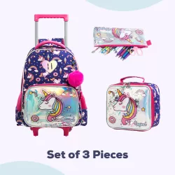 Eazy Kids-16" Set of 3 Trolley School Bag Lunch Bag & Pencil Case Unicorn Chrome-Blue