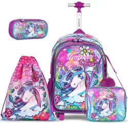 Eazy Kids-Back to School-17" Set of 4 School Bag Lunch Bag Activity Bag & Pencil Case Unicorn-Pink