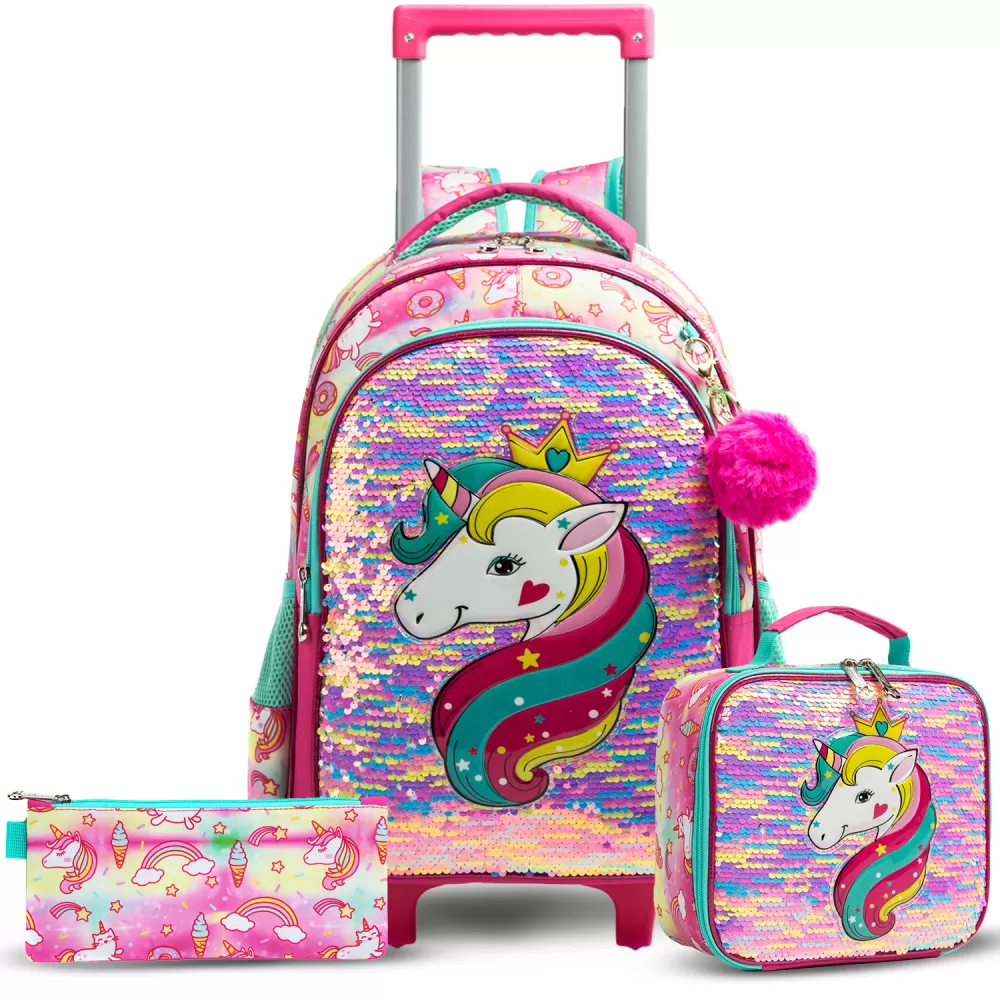 Eazy Kids-16&quot; Set of 3 Trolley School Bag Lunch Bag &amp; Pencil Case Unicorn-Pink