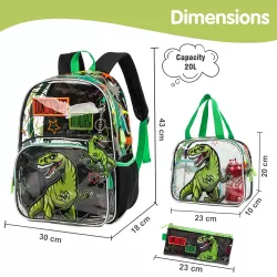 Eazy Kids 17Inch Set of 3 School Bag with Lunch Bag and Pencil Case Dinosaur - Black