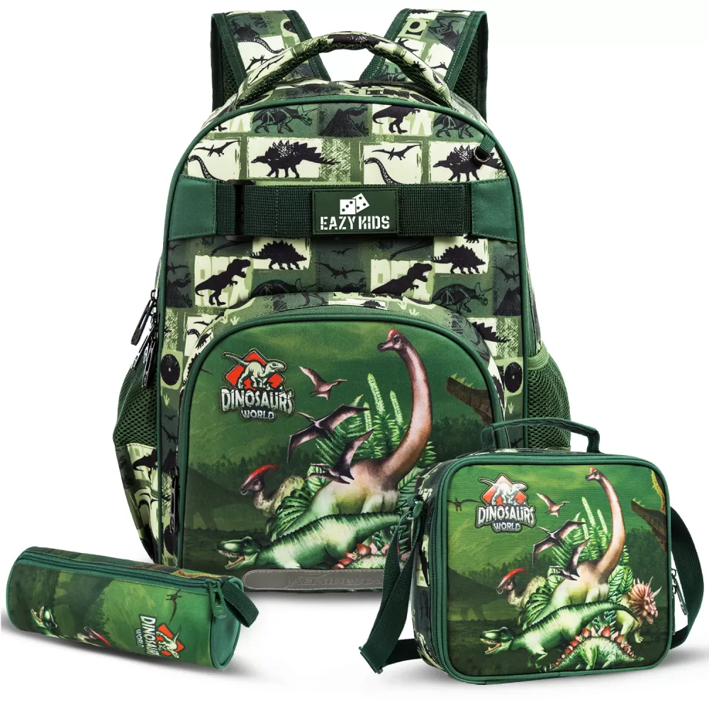 Eazy Kids-18&quot; School Bag Lunch Bag Pencil Case Set of 3 Dinosaur-Green