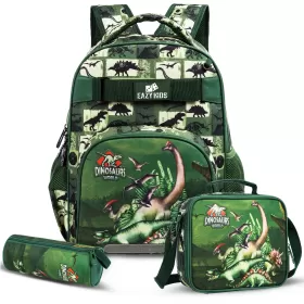 Eazy Kids-18" School Bag Lunch Bag Pencil Case Set of 3 Dinosaur-Green