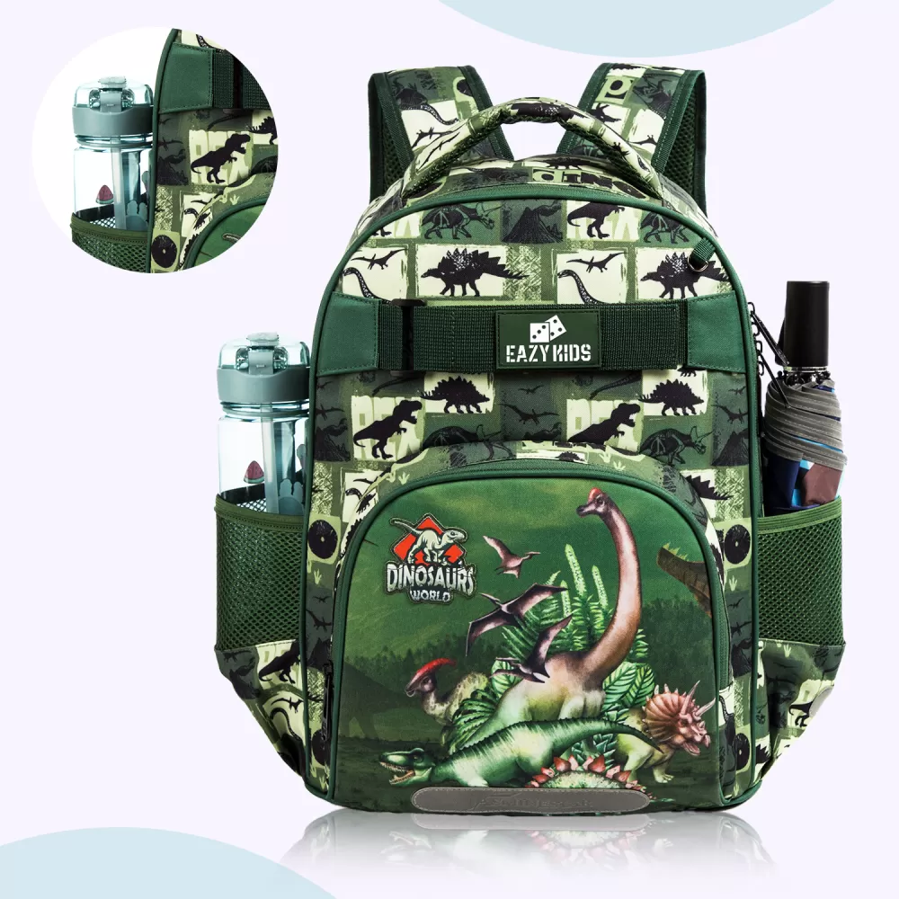 Eazy Kids-18&quot; School Bag Lunch Bag Pencil Case Set of 3 Dinosaur-Green