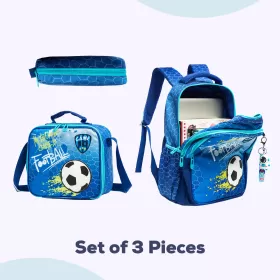 Eazy Kids-17" School Bag Lunch Bag Pencil Case Set of 3 Football-Blue