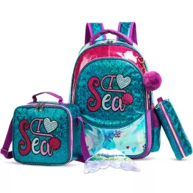 Eazy Kids-17" School Bag Lunch Bag Pencil Case Set of 3 Mermaid Sea-Green