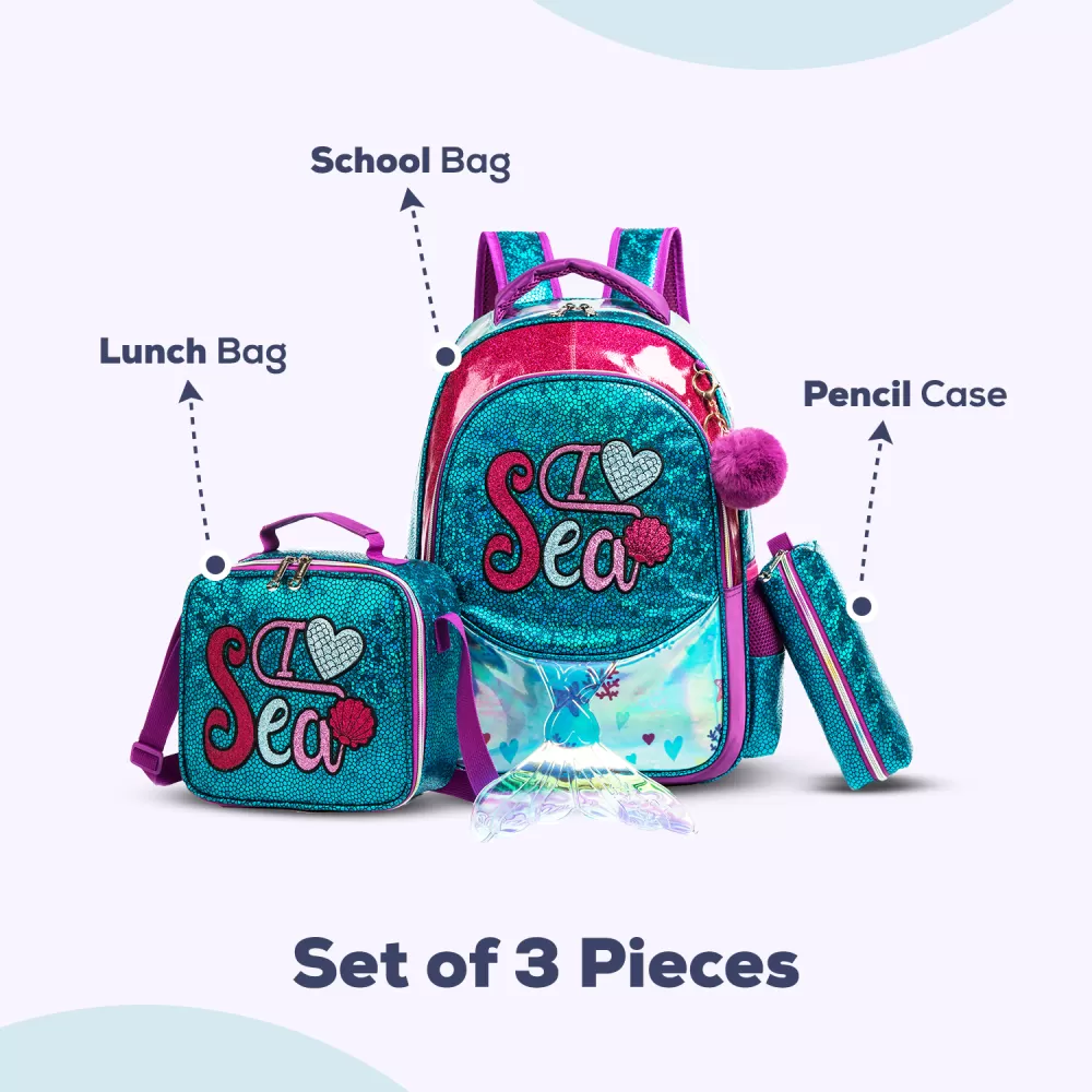 Eazy Kids-17&quot; School Bag Lunch Bag Pencil Case Set of 3 Mermaid Sea-Green