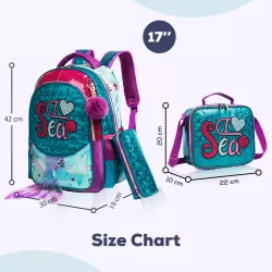 Eazy Kids-17" School Bag Lunch Bag Pencil Case Set of 3 Mermaid Sea-Green