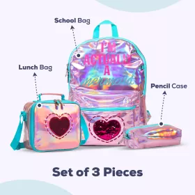 Eazy Kids-17" School Bag Lunch Bag Pencil Case Set of 3 Mermaid Love-Pink