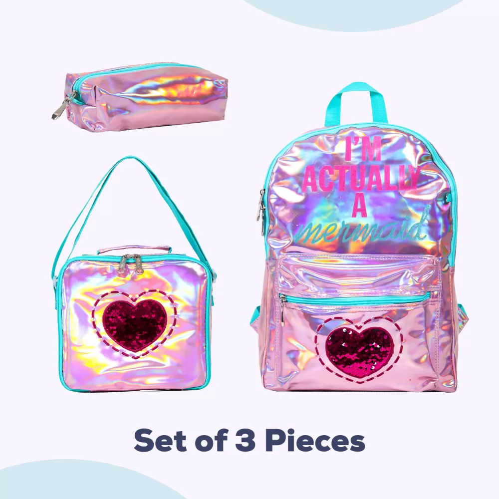 Eazy Kids-17&quot; School Bag Lunch Bag Pencil Case Set of 3 Mermaid Love-Pink