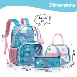 Eazy Kids 17Inch Set of 3 School Bag with Lunch Bag and Pencil Case Mermaid-Blue