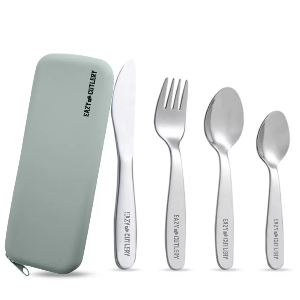 Eazy Kids Set of 4 Cutlery (Spoon, Fork, Knife &amp; Tea Spoon) w/ Silicon Pouch – Grey