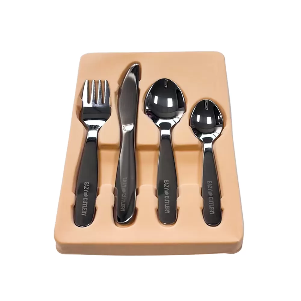 Eazy Kids Set of 4 Cutlery (Spoon, Fork, Knife &amp; Tea Spoon) w/ Silicon Pouch – Grey