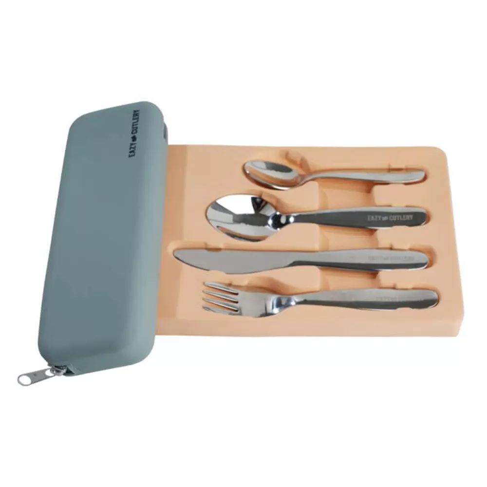 Eazy Kids Set of 4 Cutlery (Spoon, Fork, Knife &amp; Tea Spoon) w/ Silicon Pouch – Grey