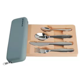 Eazy Kids Set of 4 Cutlery (Spoon, Fork, Knife & Tea Spoon) w/ Silicon Pouch – Grey