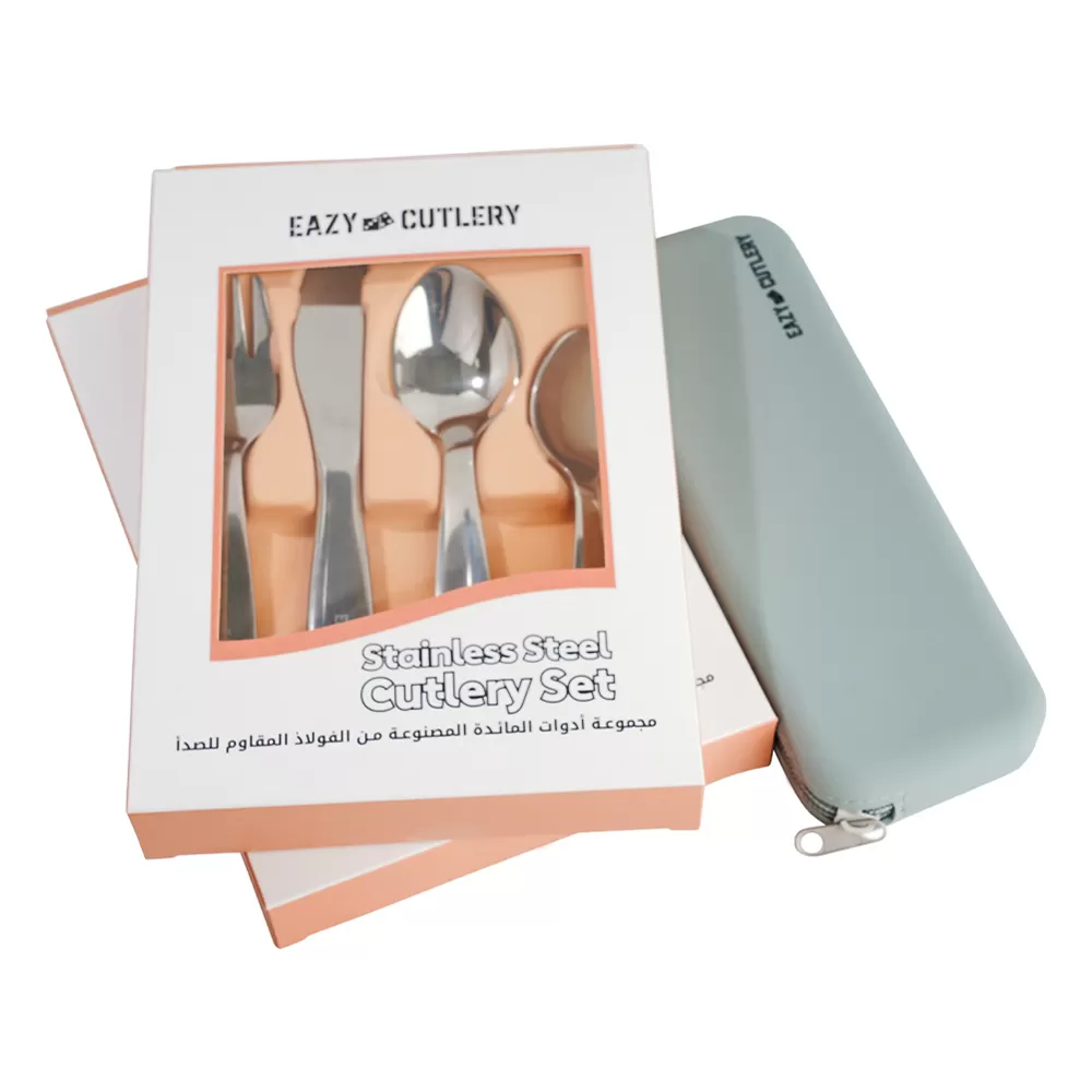 Eazy Kids Set of 4 Cutlery (Spoon, Fork, Knife &amp; Tea Spoon) w/ Silicon Pouch – Grey