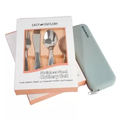 Eazy Kids Set of 4 Cutlery (Spoon, Fork, Knife & Tea Spoon) w/ Silicon Pouch – Grey