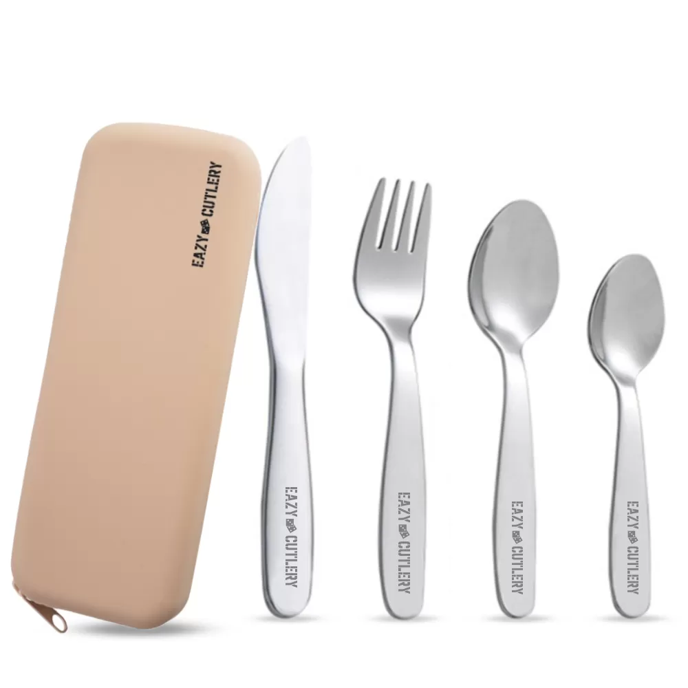 Eazy Kids Set of 4 Cutlery (Spoon, Fork, Knife &amp; Tea Spoon) w/ Silicon Pouch – Ivory