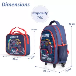 Eazy Kids 17Inch Set of 5 Trolley School Bag with Lunch Bag, Pencil Case, Lunch Box and Water Bottle - Gamer - Blue