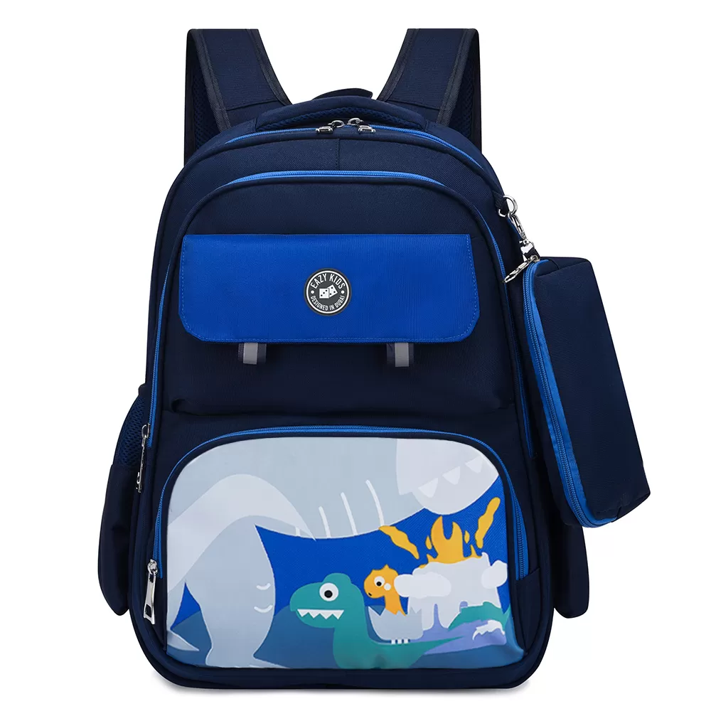 Eazy Kids Dino School Bag with Pencil Case - Dark Blue