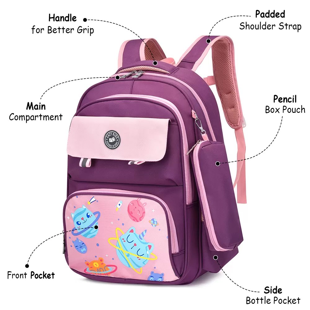 Eazy Kids Unicorn Planet school bag with Pencil Case - Purple