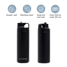 Eazy Kids Double Wall Insulated Sports Water Bottle - Black, 550ml