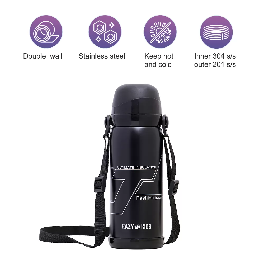 Eazy Kids Double Wall Insulated School Water Bottle - Black, 800ml