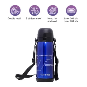 Eazy Kids Double Wall Insulated School Water Bottle - Blue, 800ml