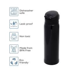 Eazy Kids Double Wall Insulated Travel Water Bottle - Black, 500ml