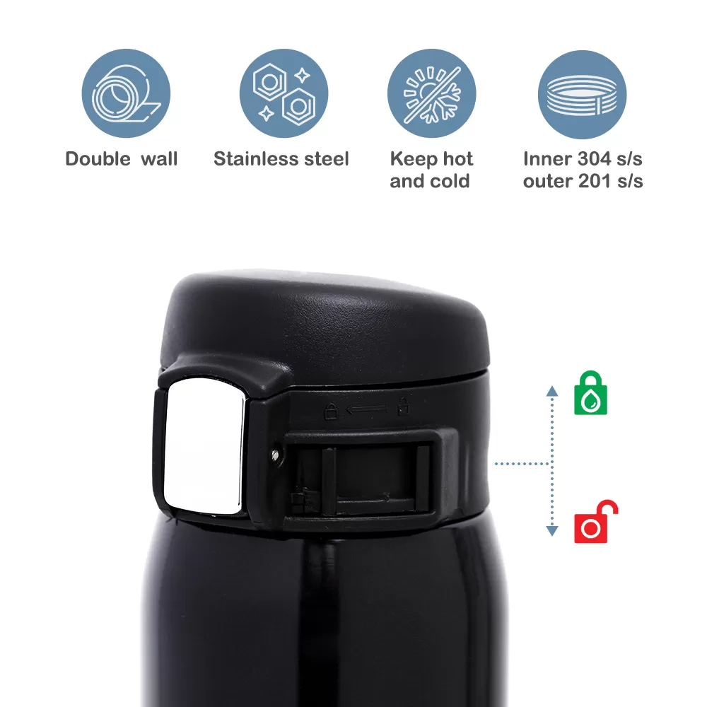 Eazy Kids Double Wall Insulated Travel Water Bottle - Black, 500ml