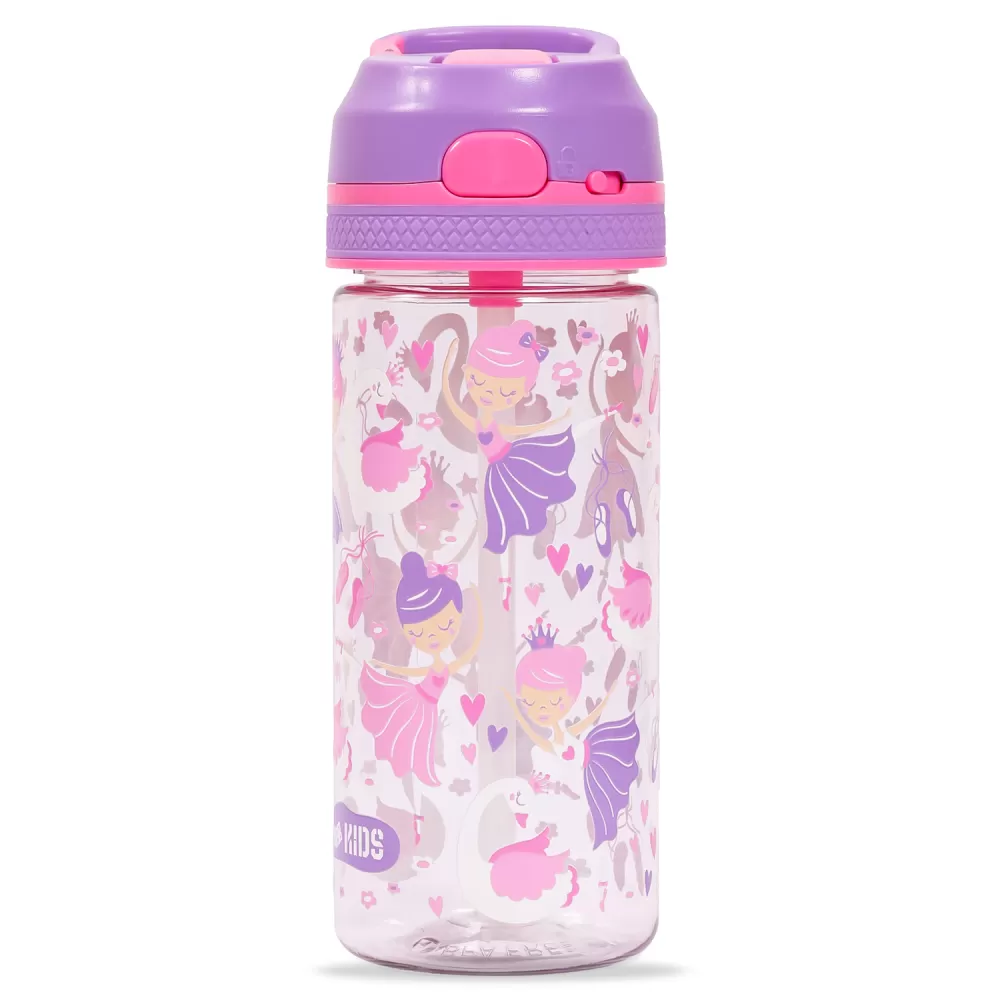 Eazy Kids Tritan Water Bottle w/ Lockable Push button and Carry Handle, Tropical - Purple, 420ml