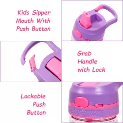 Eazy Kids Tritan Water Bottle w/ Lockable Push button and Carry Handle, Tropical - Purple, 420ml