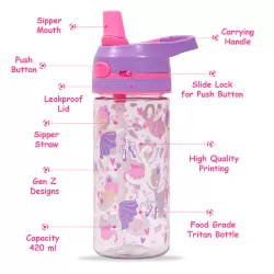 Eazy Kids Tritan Water Bottle w/ Lockable Push button and Carry Handle, Tropical - Purple, 420ml