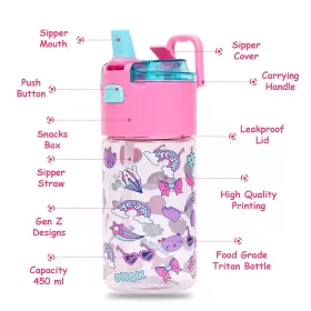 Eazy Kids Tritan Water Bottle w/ Snack Box, Gen Z - Pink, 450ml