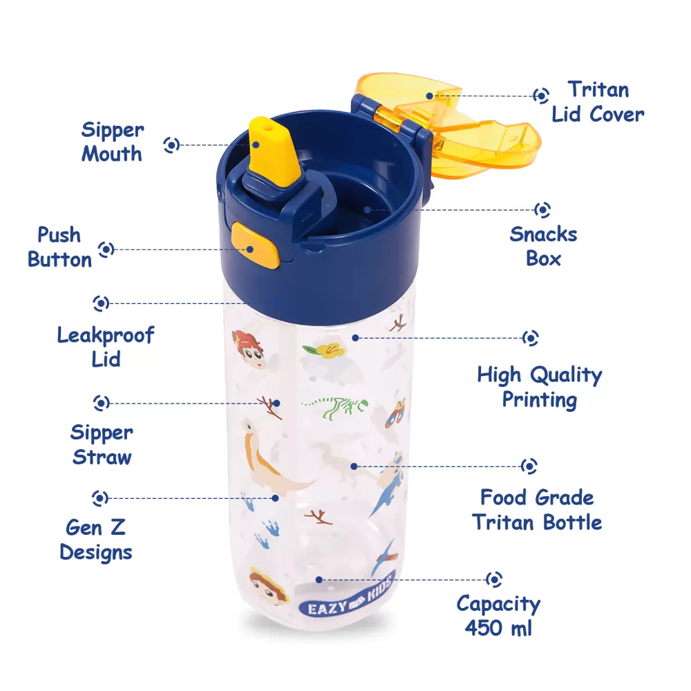 Eazy Kids Tritan Water Bottle w/ Snack Box, T-Rex- Blue, 450ml