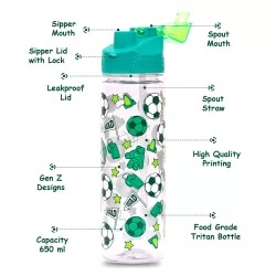 Eazy Kids Tritan Water Bottle w/ 2in1 drinking, Flip lid and Sipper, Soccer - Green, 650ml