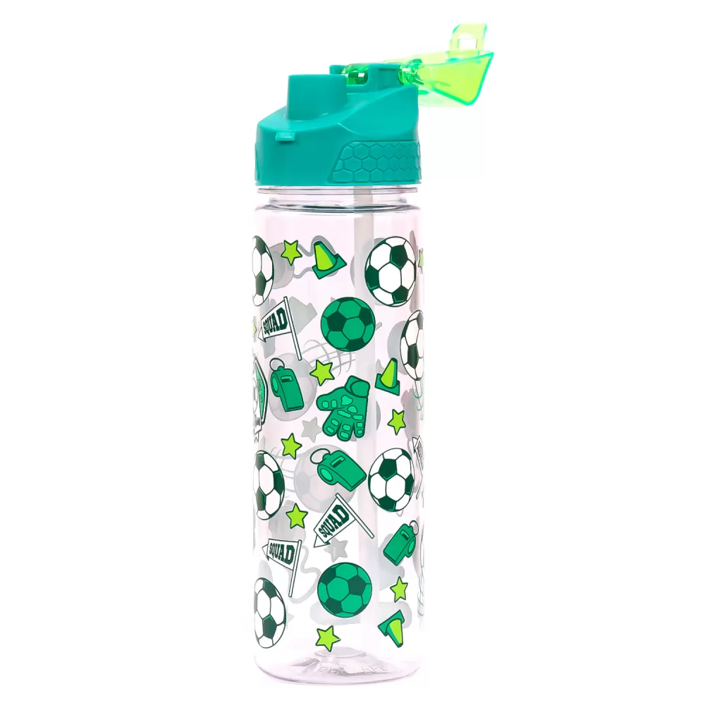 Eazy Kids Tritan Water Bottle w/ 2in1 drinking, Flip lid and Sipper, Soccer - Green, 650ml