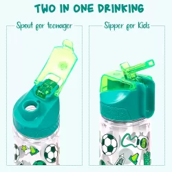 Eazy Kids Tritan Water Bottle w/ 2in1 drinking, Flip lid and Sipper, Soccer - Green, 650ml