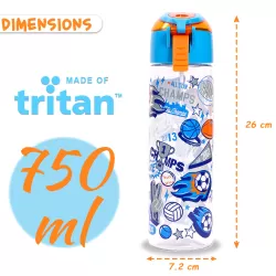 Eazy Kids Tritan Water Bottle w/ Spray, Soccer - Blue, 750ml