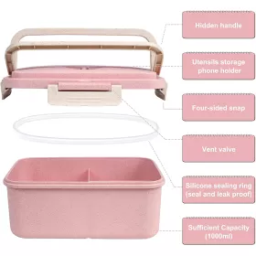 Eazy Kids Wheat Straw Leakproof Eco - Friendly Bento Lunch Box - Pink (1500ml)