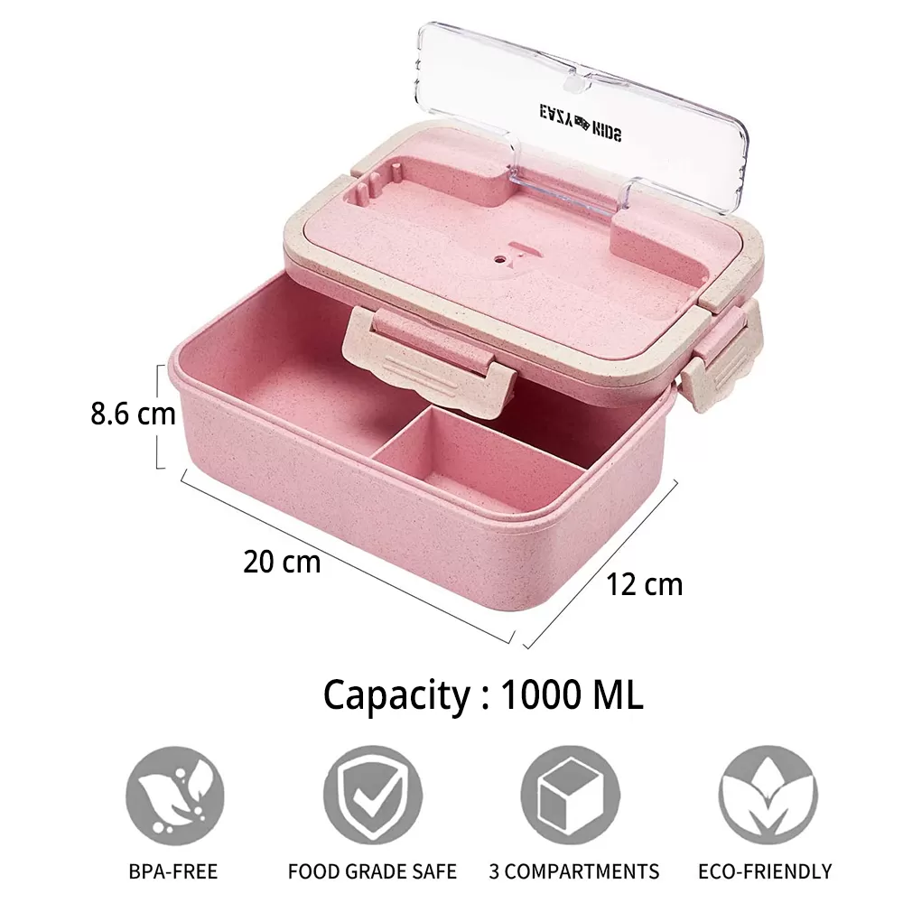 Eazy Kids Wheat Straw Leakproof Eco - Friendly Bento Lunch Box - Pink (1500ml)