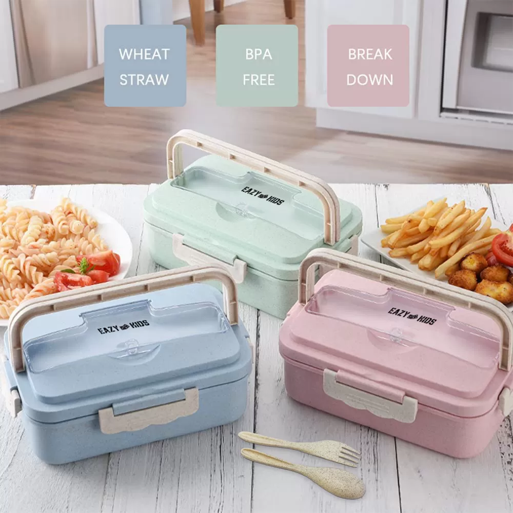 Eazy Kids Wheat Straw Leakproof Eco - Friendly Bento Lunch Box - Pink (1500ml)